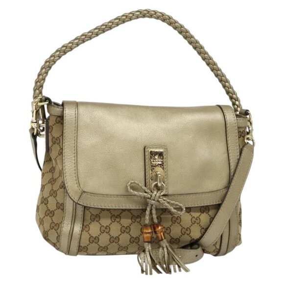 GUCCI GG Canvas Bamboo Shoulder Bag Beige Gold 282301 Auth 137972 - Picture 1 of 16